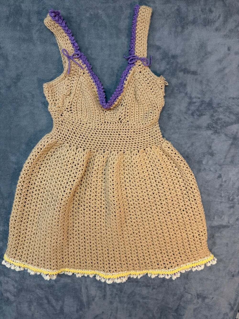 Handmade Crochet Dress Tan Purple Yellow Spaghetti Strap boho